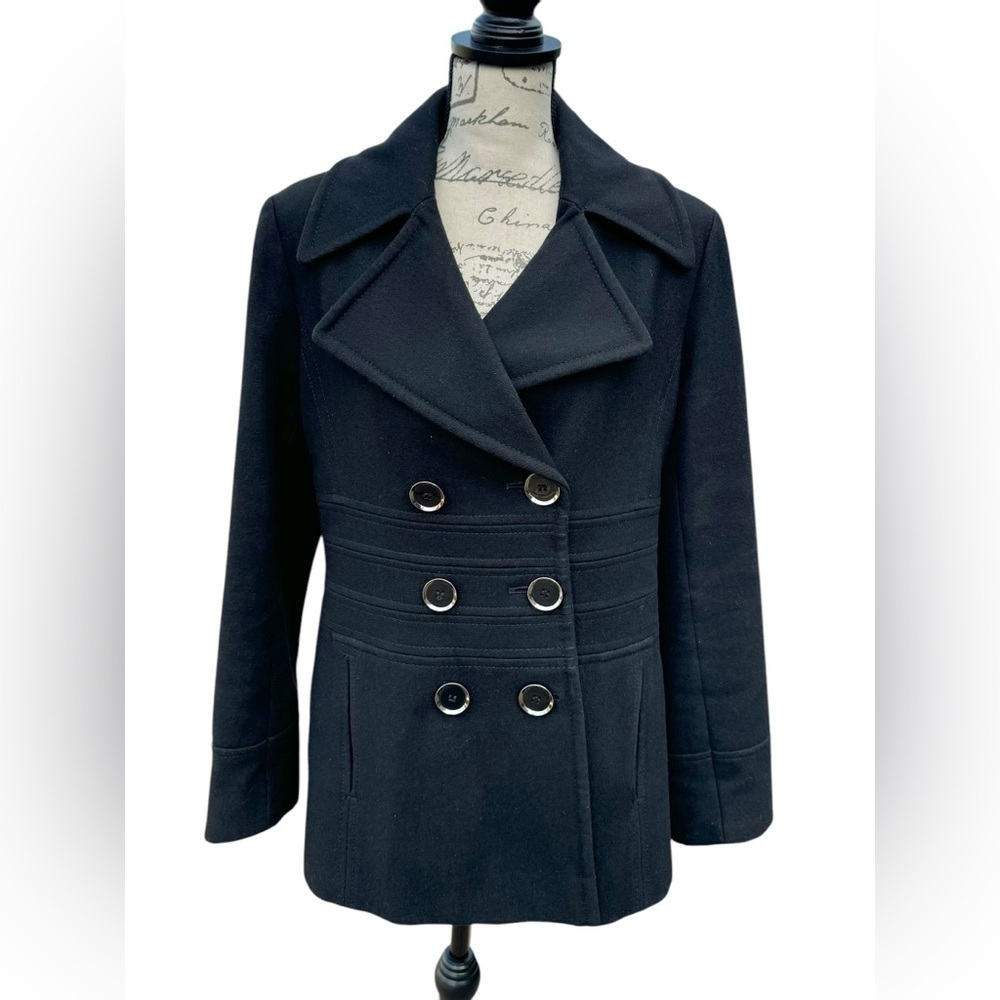 Via Spiga Black Pea Coat Double Breasted Wool Blend Womens Size 10 - Picture 1 of 14